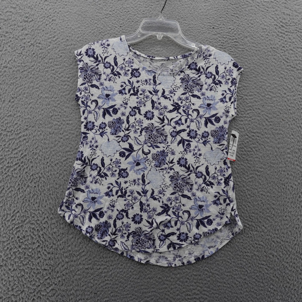 Tahari Womens Floral Print Cap Sleeve Curved Hem Linen Top White‎ Blue NEW